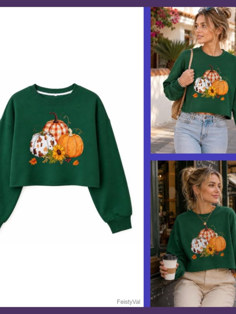 Women's Crop Sweatshirt Pumpkin Halloween Thanksgiving Fall Pullover